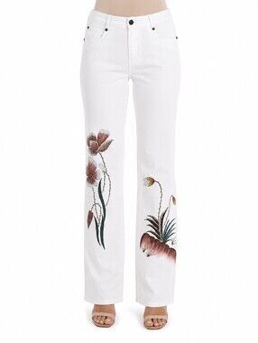 Christine Phillippe White Embroidered Floral Straight Leg Hand Painted Pants - 6